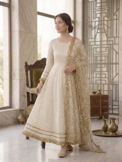 Premium White & Gold Anarkali Suit