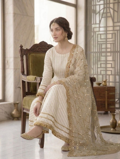 Premium White & Gold Anarkali Suit
