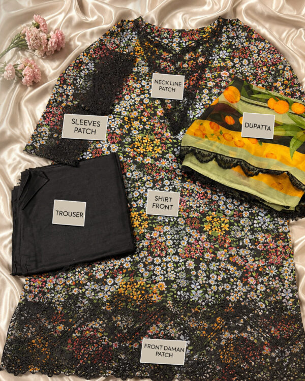 TAM 3-Piece Suit with Neckline, Sleeve & Daman Patch Work – Dupatta & Trouser