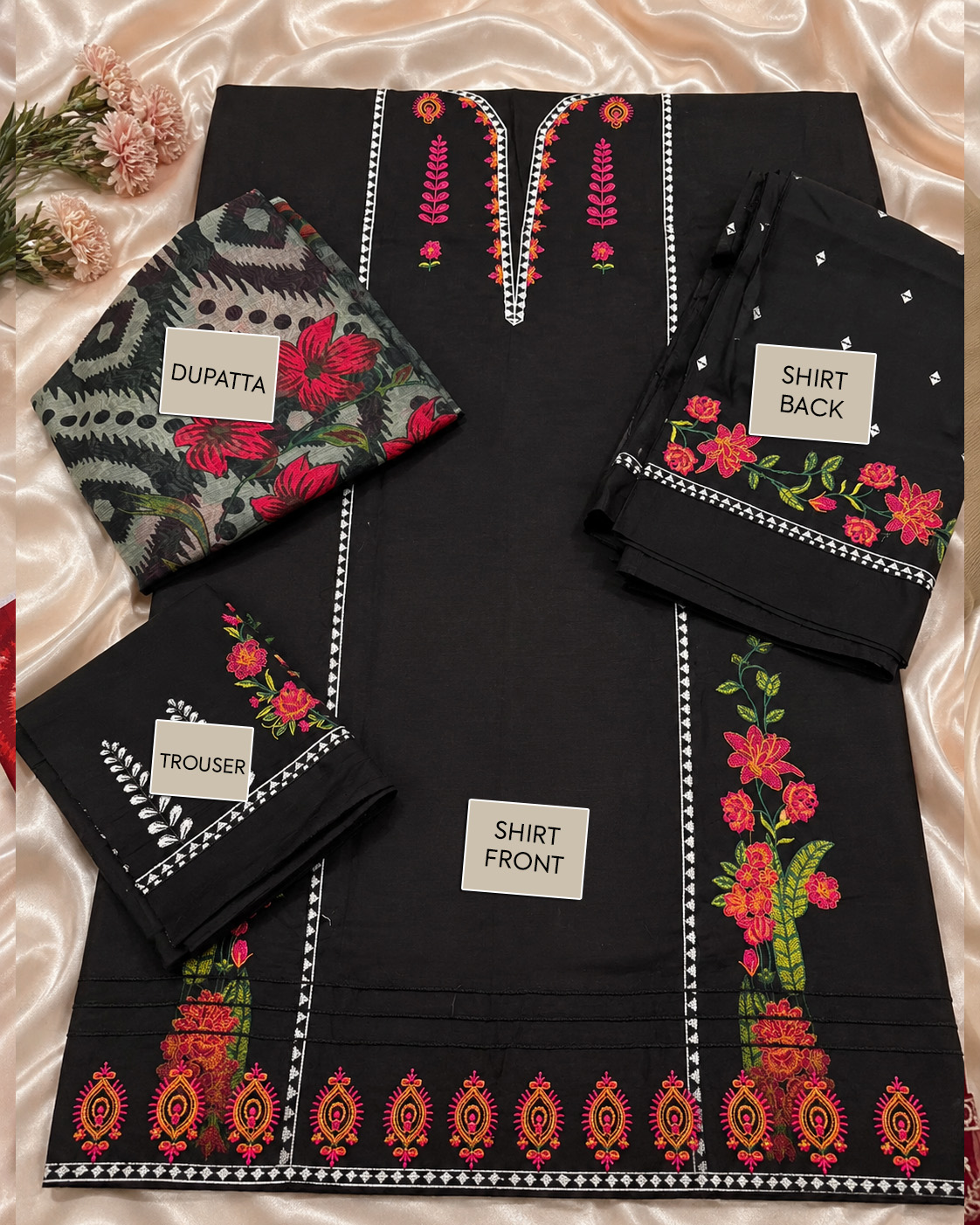 TAM Front & Back Work 3-Piece Suit with Dupatta & Trouser