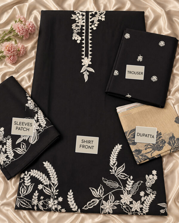 TAM Front & Sleeve Patch Work 3-Piece Suit with Dupatta & Trouser