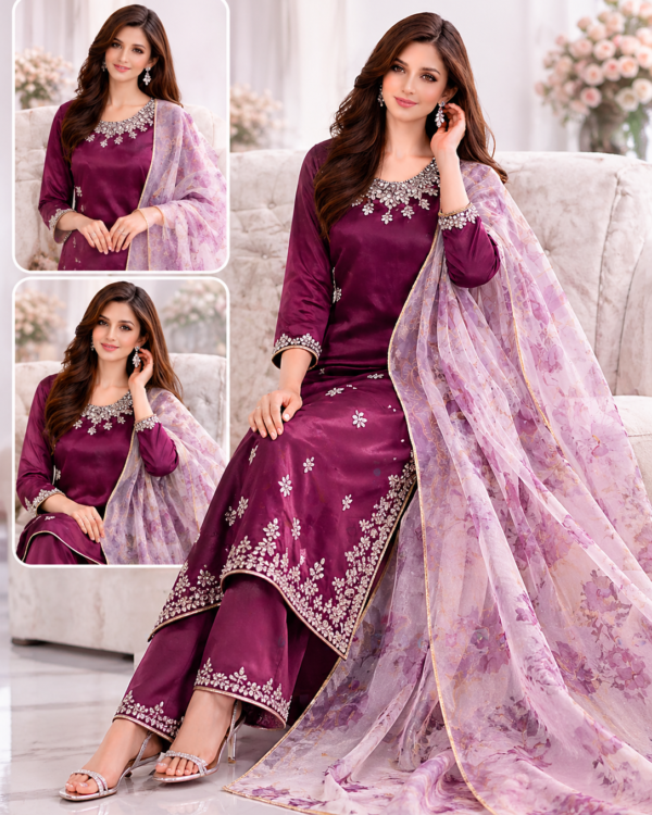 TAM Silk Suit with Organza Dupatta