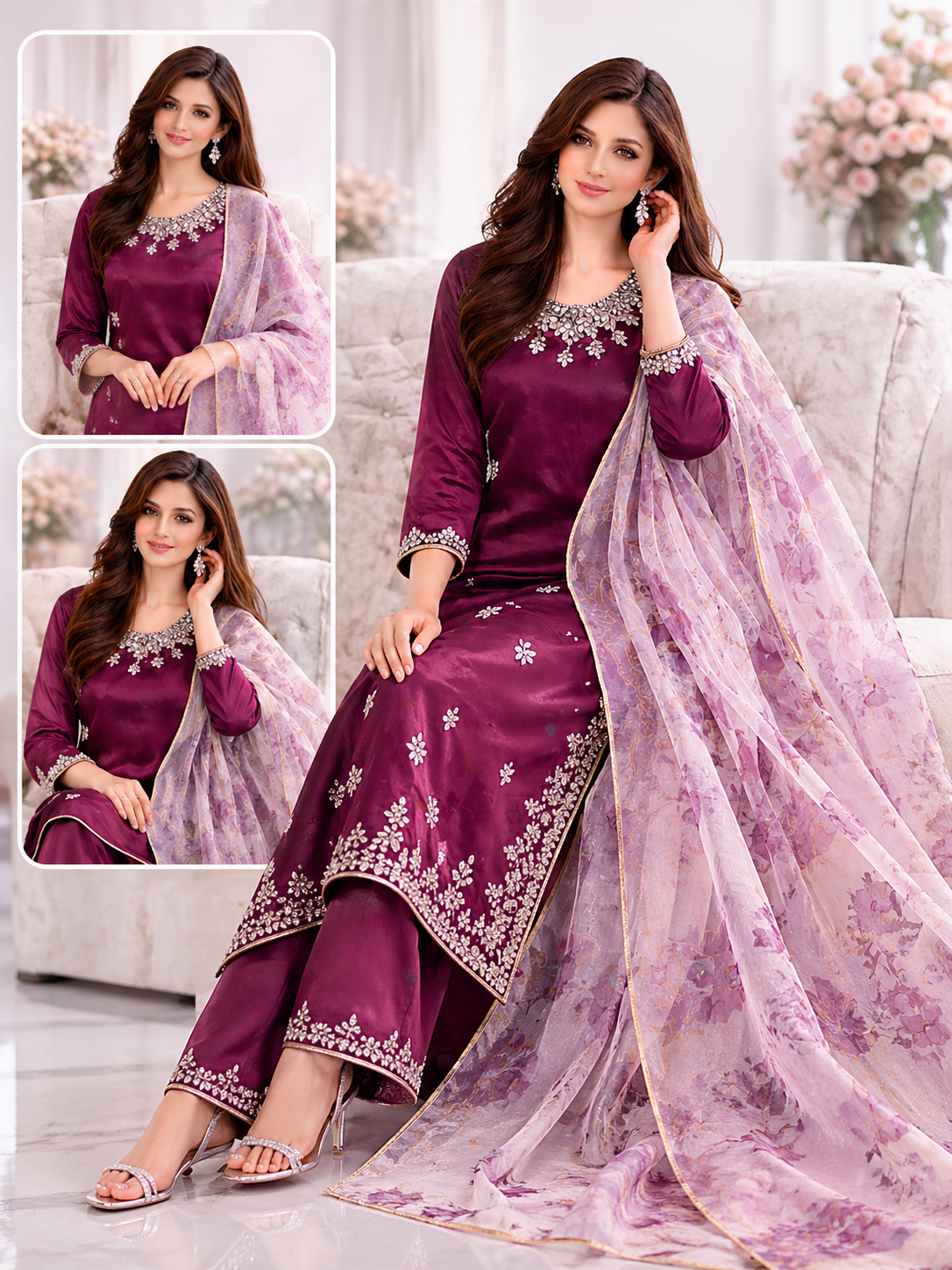 TAM Silk Suit with Organza Dupatta