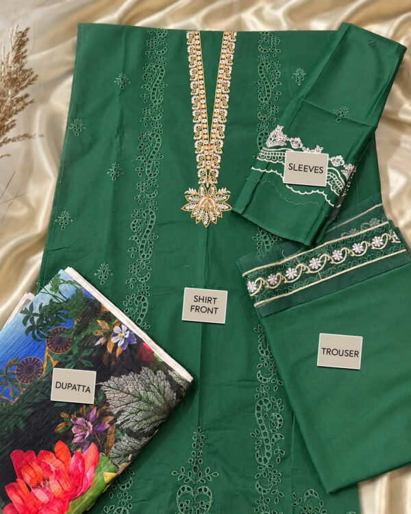 TAM Embroidered Front & Sleeve 3-Piece Suit with Dupatta & Trouser