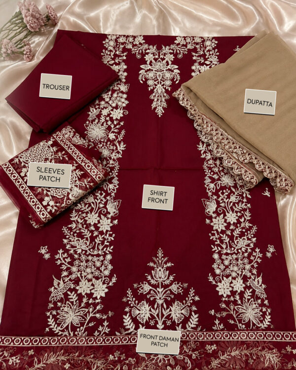 TAM Embroidered Suit with Front, Daman & Sleeve Patch – Dupatta & Trouser
