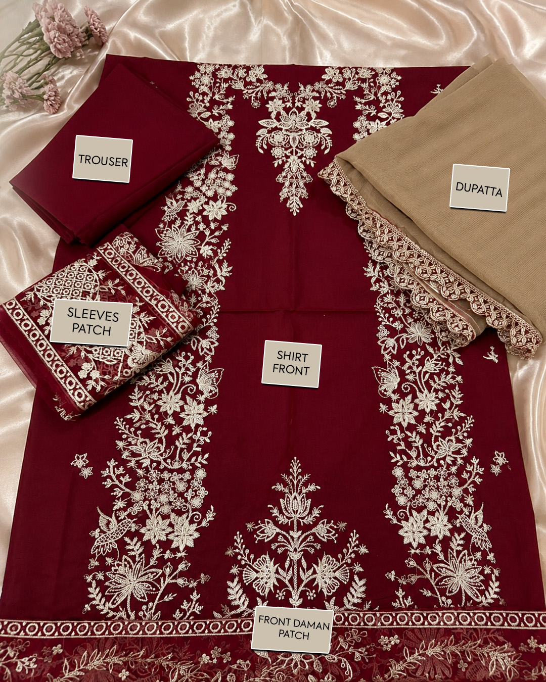 TAM Embroidered Suit with Front, Daman & Sleeve Patch – Dupatta & Trouser