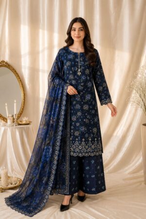 UNSTITCHED EMBROIDERED 3PC-TLUE021