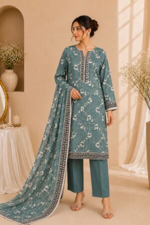TAM Sea Green Floral 3-Piece Unstitched Suit-TLU001