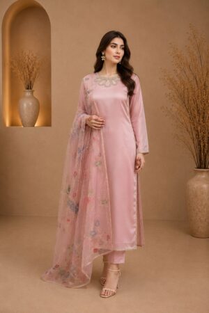 UNSTITCHED Blush Rose | 3-Piece Sheesha Silk Suit-TSS032